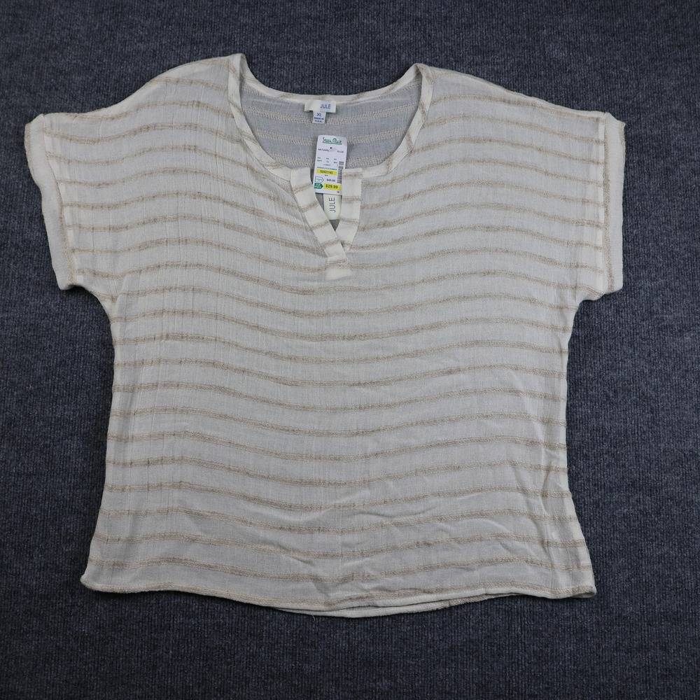 JULE Shirt Womens XL Cream Stripe V Neck Short Sleeve Rayon‎ Linen Made in USA